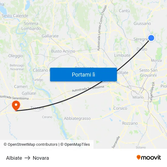 Albiate to Novara map