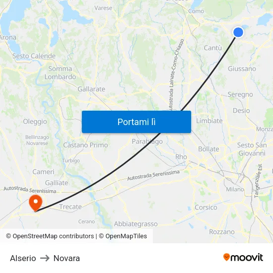 Alserio to Novara map