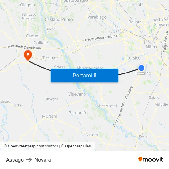 Assago to Novara map