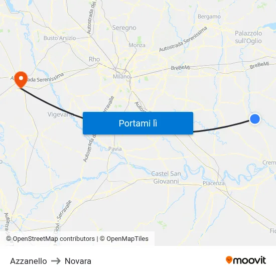 Azzanello to Novara map