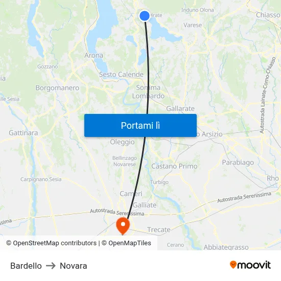 Bardello to Novara map