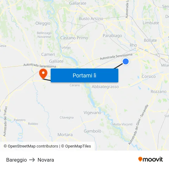 Bareggio to Novara map