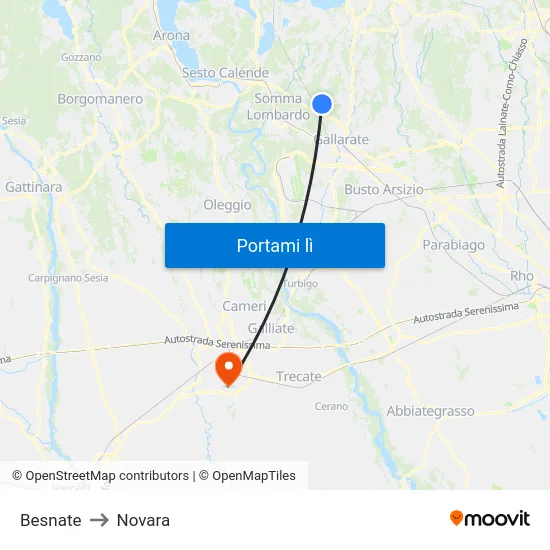 Besnate to Novara map