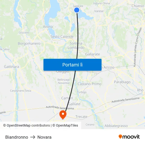 Biandronno to Novara map