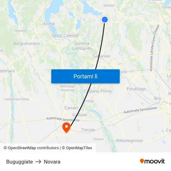 Buguggiate to Novara map