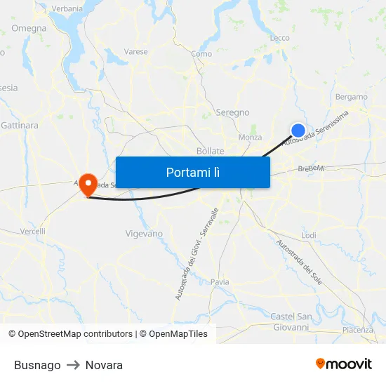 Busnago to Novara map