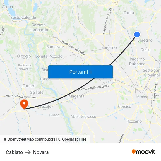 Cabiate to Novara map