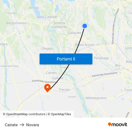 Cairate to Novara map