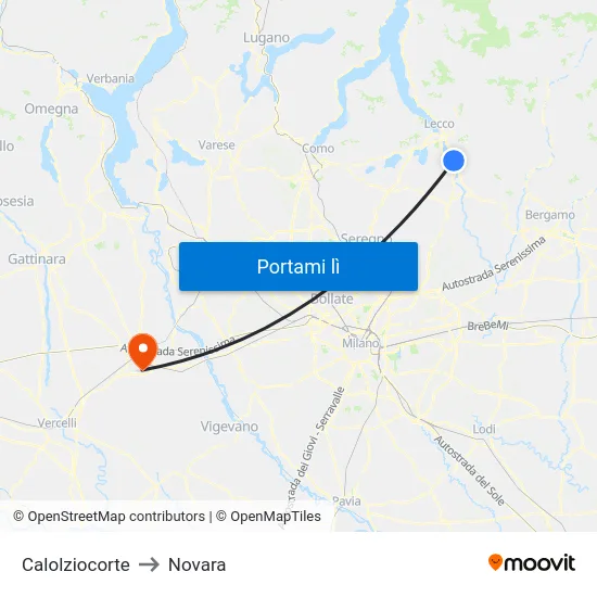 Calolziocorte to Novara map