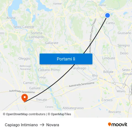 Capiago Intimiano to Novara map