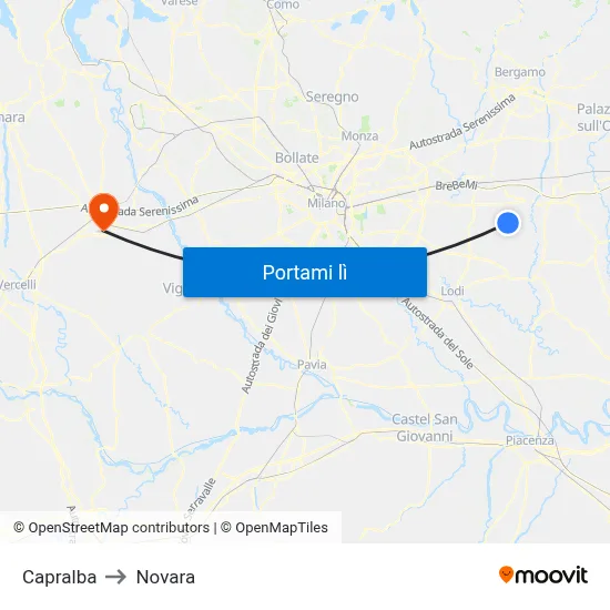 Capralba to Novara map