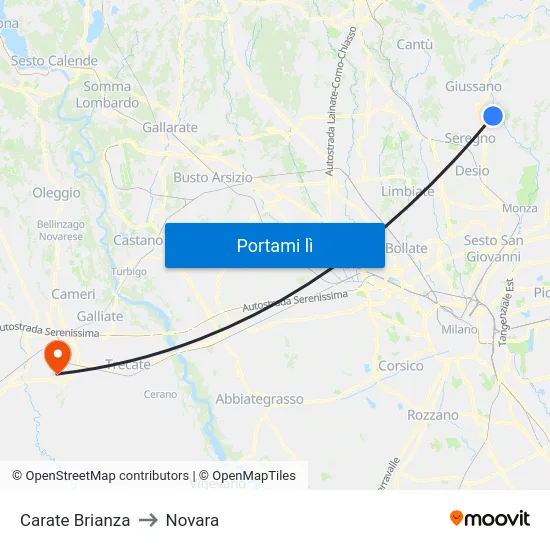 Carate Brianza to Novara map