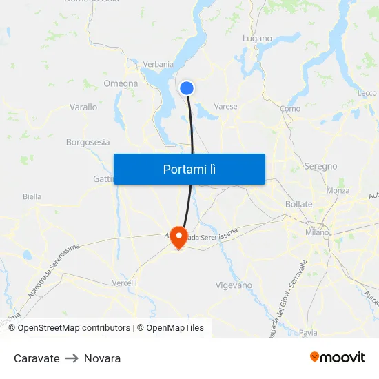Caravate to Novara map