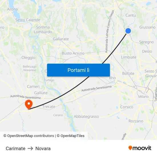 Carimate to Novara map
