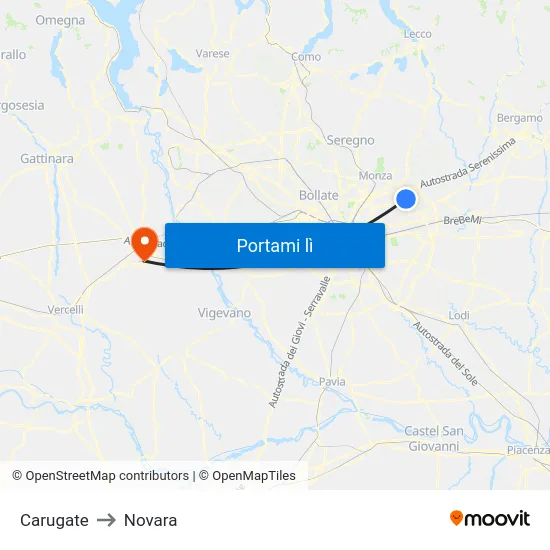 Carugate to Novara map