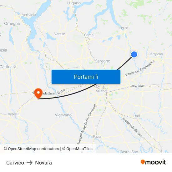 Carvico to Novara map