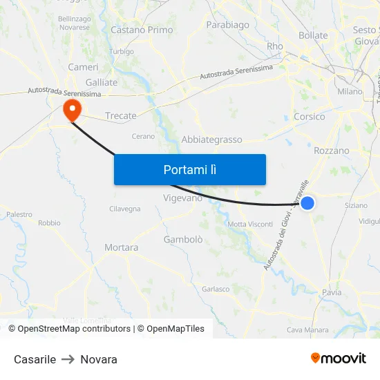 Casarile to Novara map