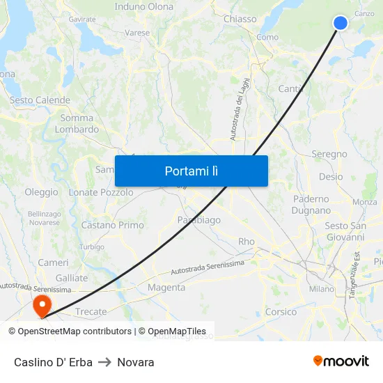 Caslino D' Erba to Novara map