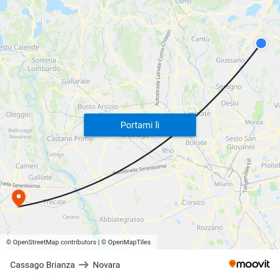 Cassago Brianza to Novara map