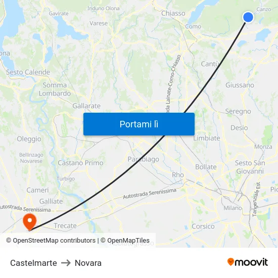 Castelmarte to Novara map