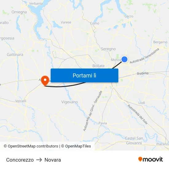 Concorezzo to Novara map