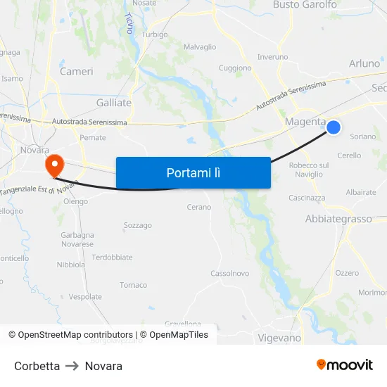 Corbetta to Novara map