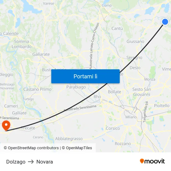Dolzago to Novara map