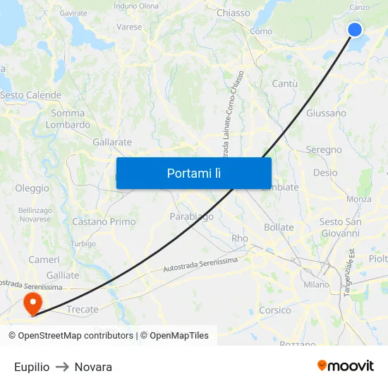 Eupilio to Novara map