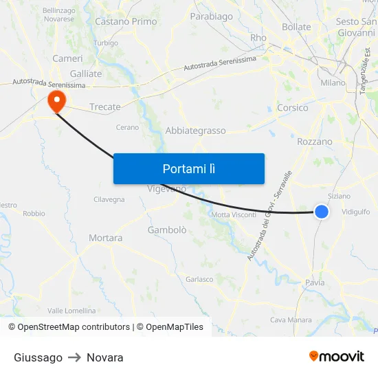 Giussago to Novara map