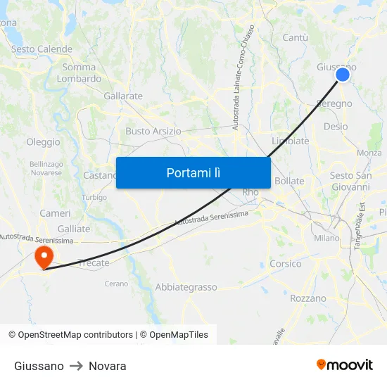 Giussano to Novara map