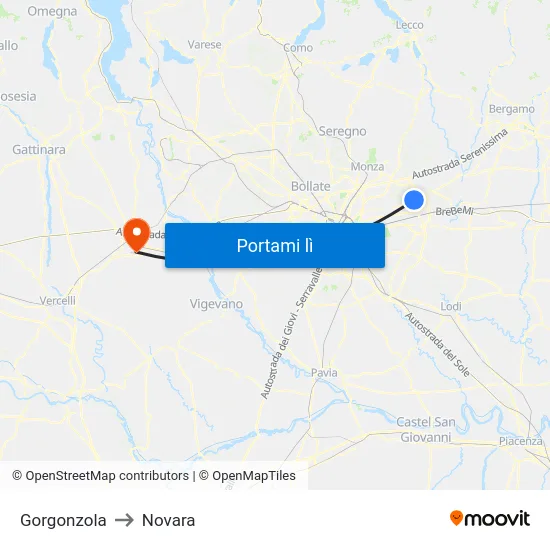 Gorgonzola to Novara map