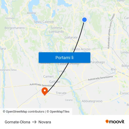 Gornate-Olona to Novara map