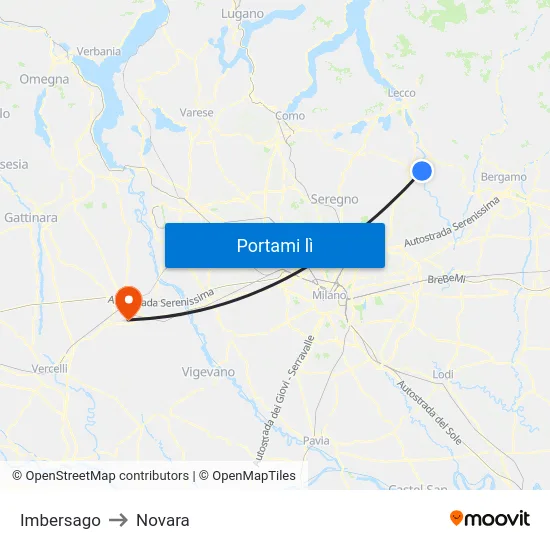Imbersago to Novara map