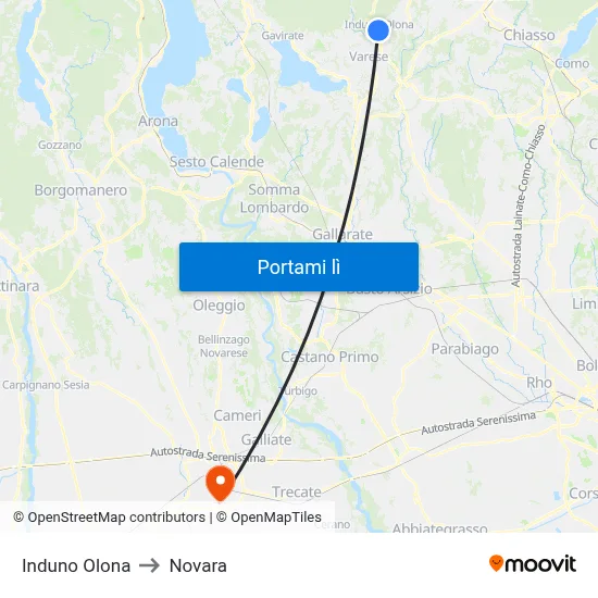 Induno Olona to Novara map