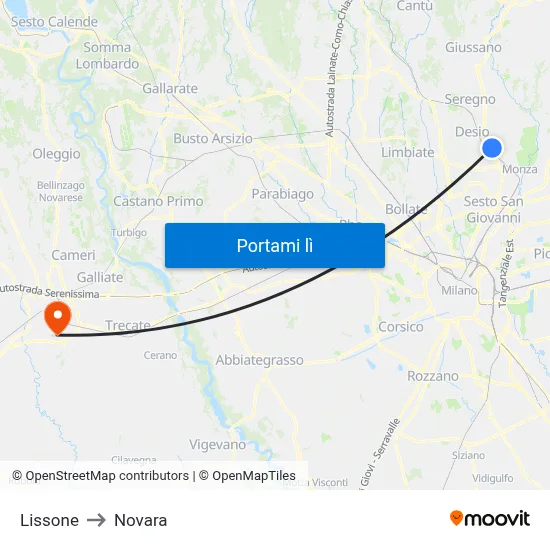 Lissone to Novara map