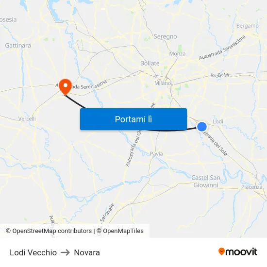 Lodi Vecchio to Novara map