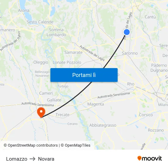 Lomazzo to Novara map