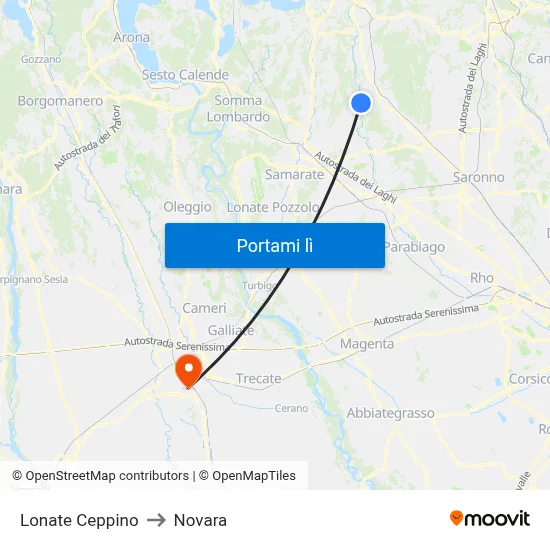 Lonate Ceppino to Novara map