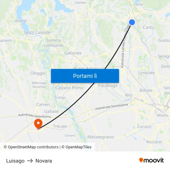 Luisago to Novara map