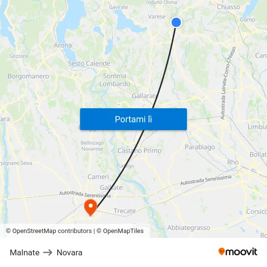 Malnate to Novara map
