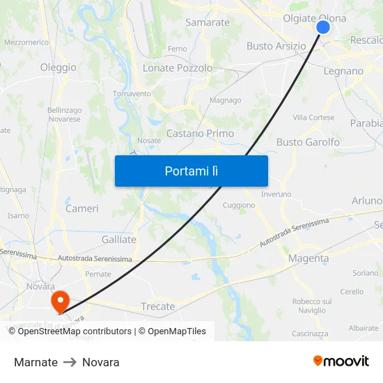 Marnate to Novara map