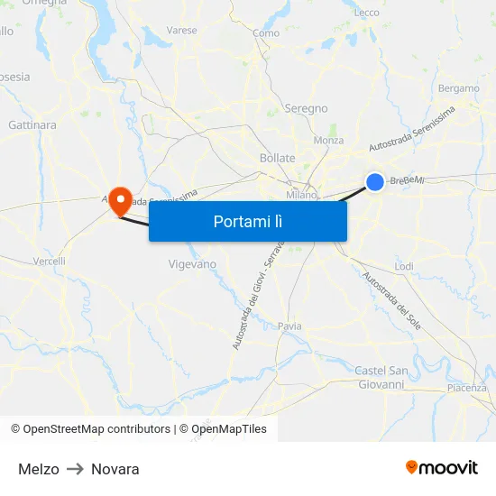 Melzo to Novara map