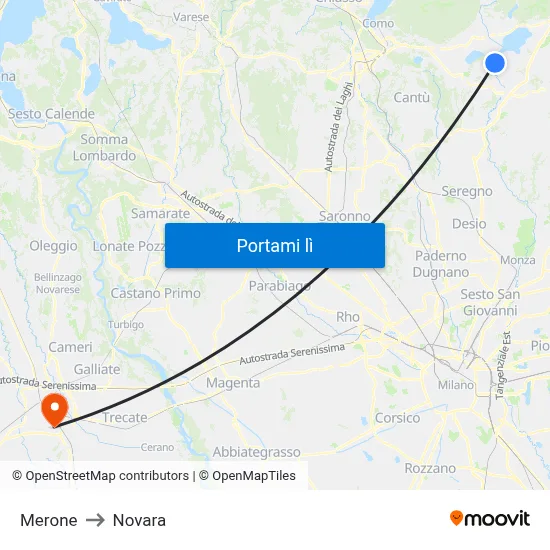 Merone to Novara map