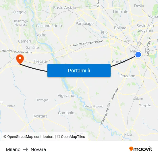 Milano to Novara map