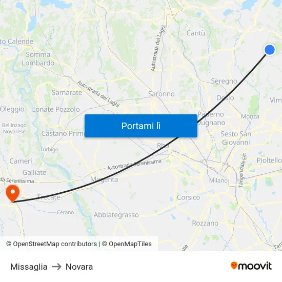 Missaglia to Novara map