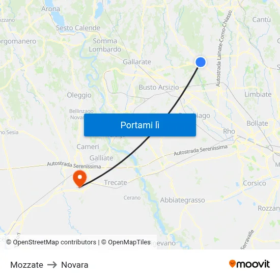 Mozzate to Novara map