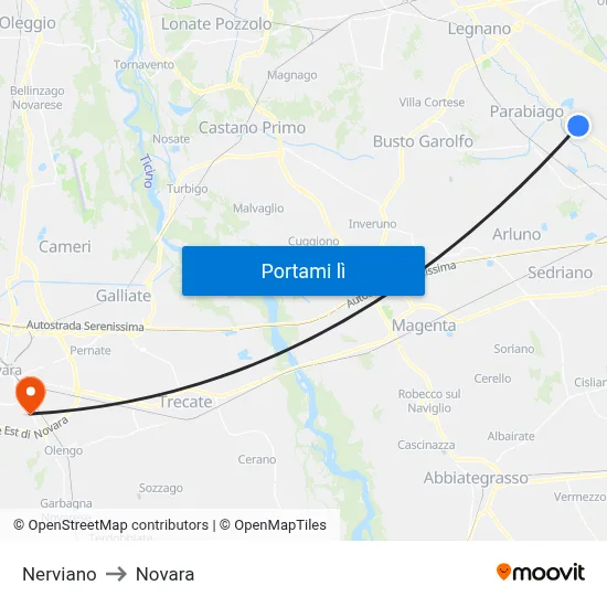 Nerviano to Novara map