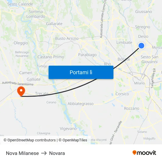 Nova Milanese to Novara map