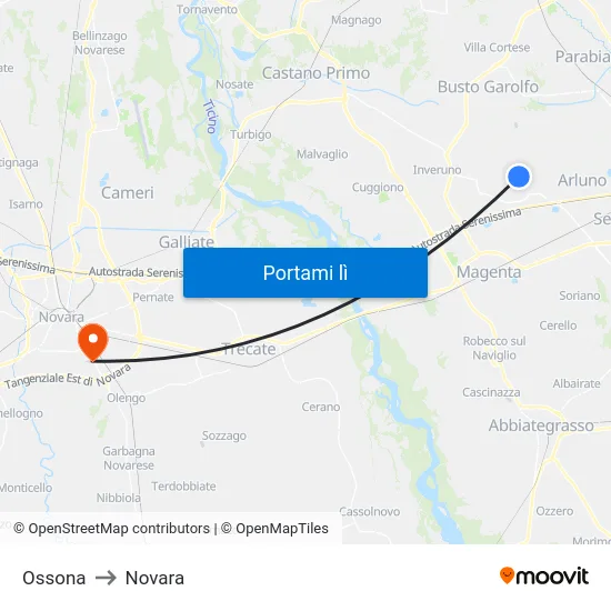 Ossona to Novara map