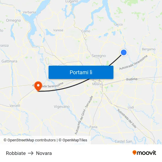 Robbiate to Novara map